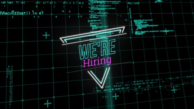 Animation of neon we're hiring text over data processing