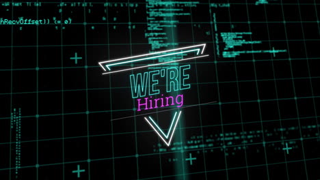 animation of neon we're hiring text over data processing