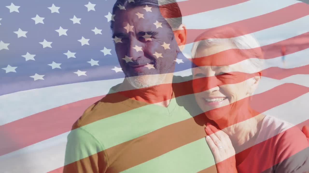 Animation of american flag waving over senior couple in love on beach