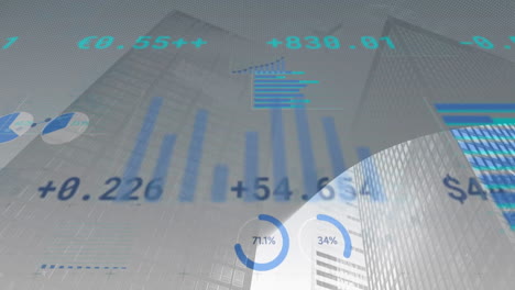 animación del procesamiento de datos financieros sobre el paisaje urbano