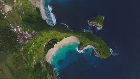 KelingKing-beach-on-Nusa-Penida,-top-down-aerial-view,-vibrant-natural-colors