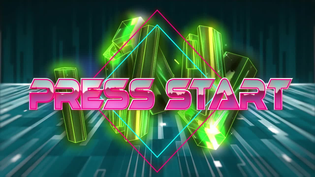 Animation of press start text and green crystals over gray shapes