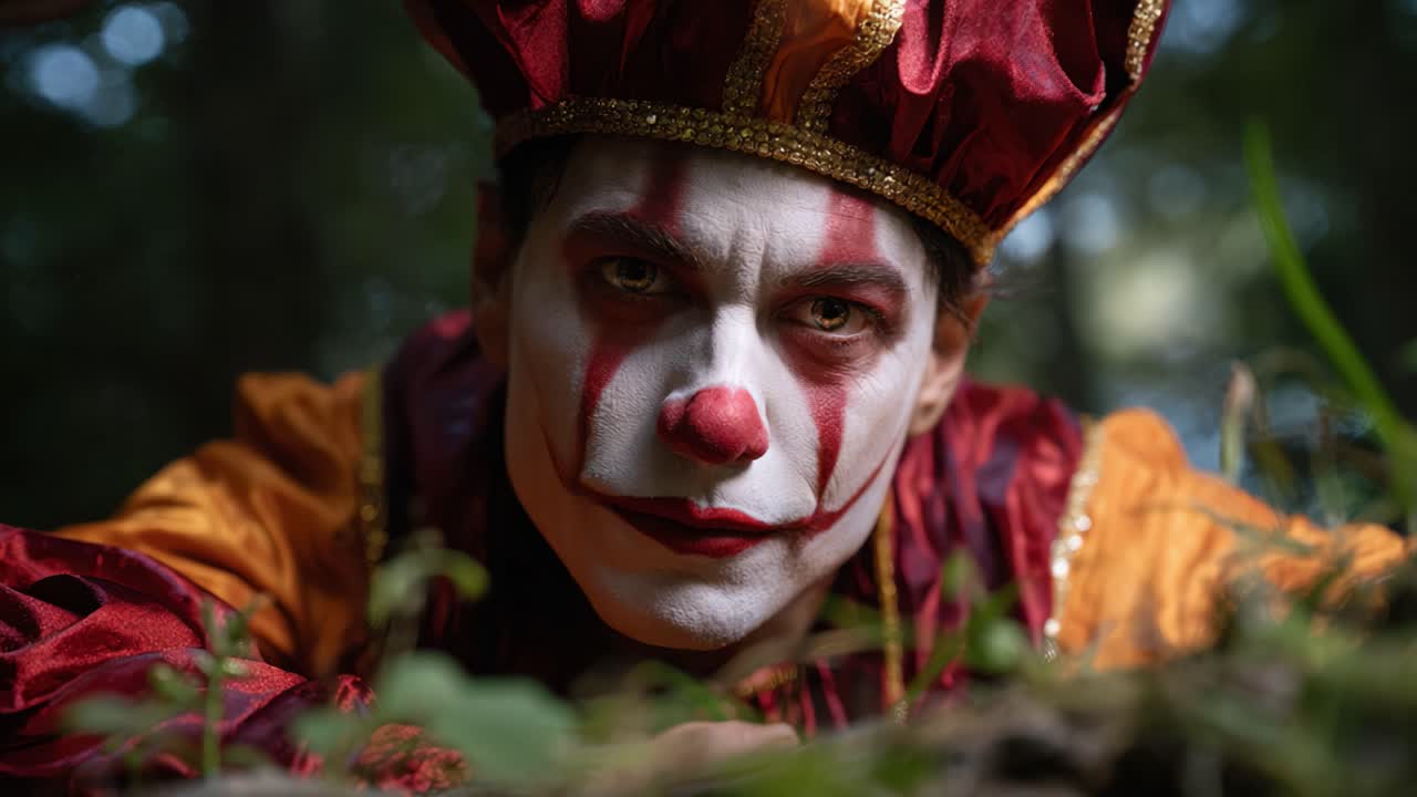 A Mysterious Clown Emerges from the Shadows in a Forest, Captivating with Intense Makeup and Traditional Costume, Blending Intrigue and Eerie Atmosphere