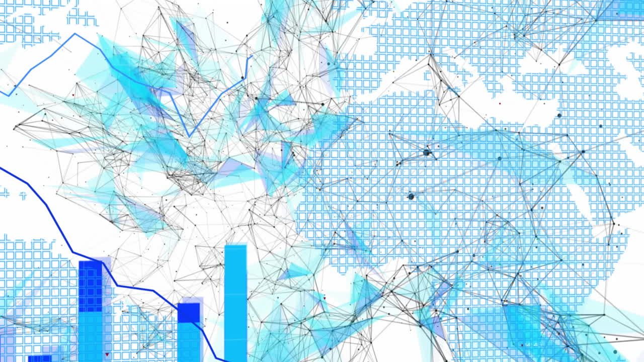 Animation of statistical data processing and network of connections against white background