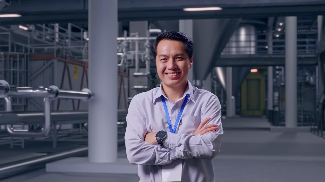 Foto menangkap seorang pekerja profesional pria Asia yang berdiri di dalam pabrik penyulingan dengan tangki fermentasi besar, tersenyum lebar ke arah kamera, dan bersedekap di dada.