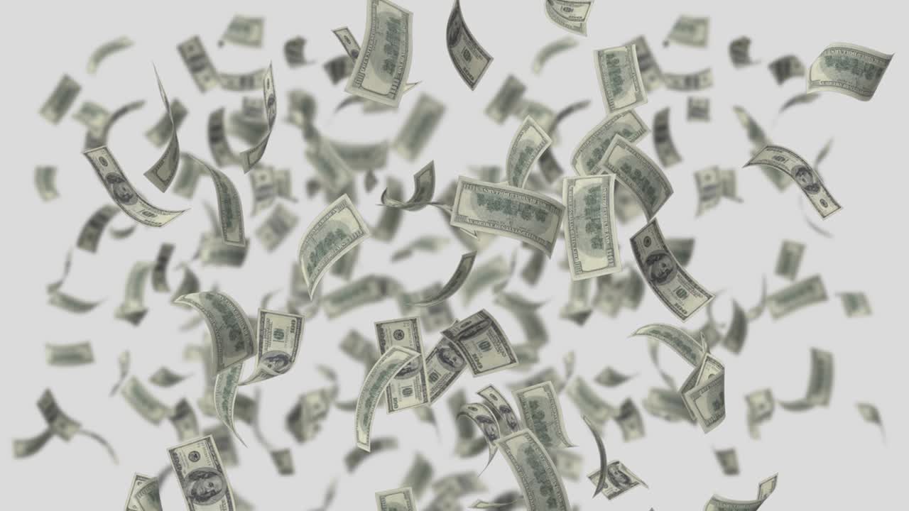 los billetes de cien dólares están cayendo sobre un fondo blanco en resolución 4k con canal alfa