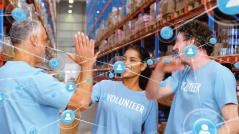 Animation-of-network-of-connections-smiling-people-stacking-hands-over-warehouse