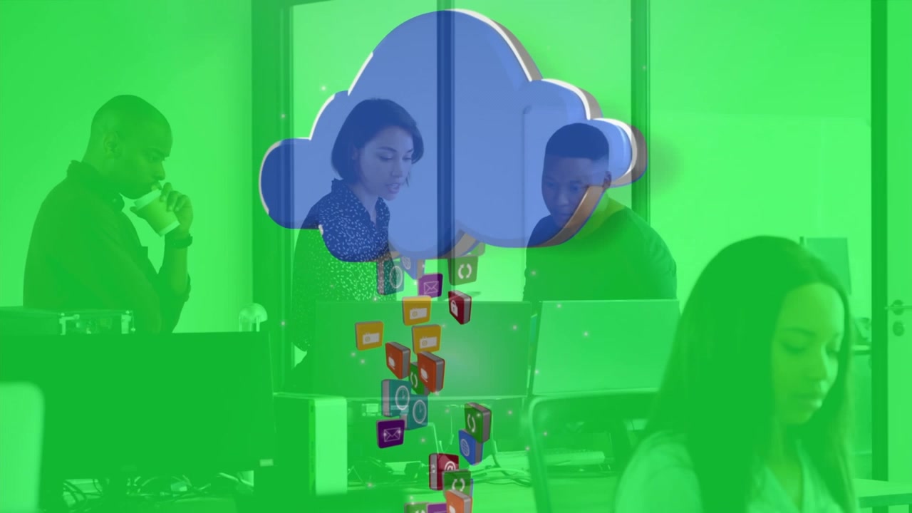 Animation of cloud and digital icons over business people