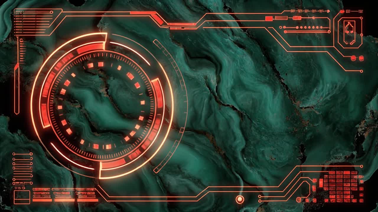 Futuristic Digital HUD Interface with Glowing Red Elements on Dark Green Background