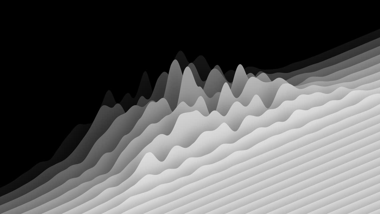 capas blancas onduladas que forman una superficie topográfica minimalista sobre un fondo negro. bucle de animación cg abstracto. renderización en 3d.