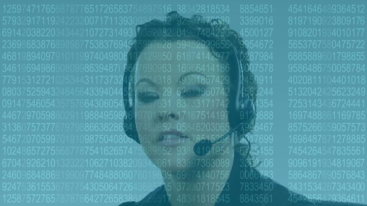 Animation of data processing over caucasian woman using phone headset working in call center
