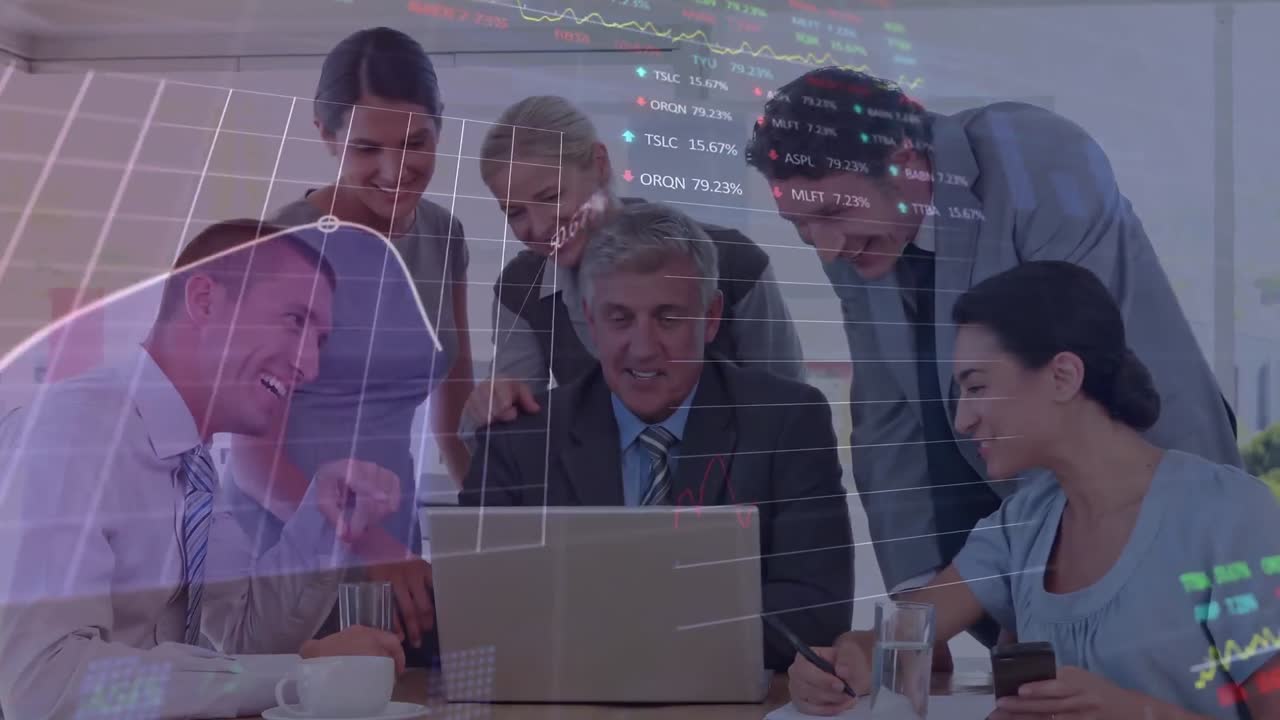 Animation of financial data processing over diverse business people in office