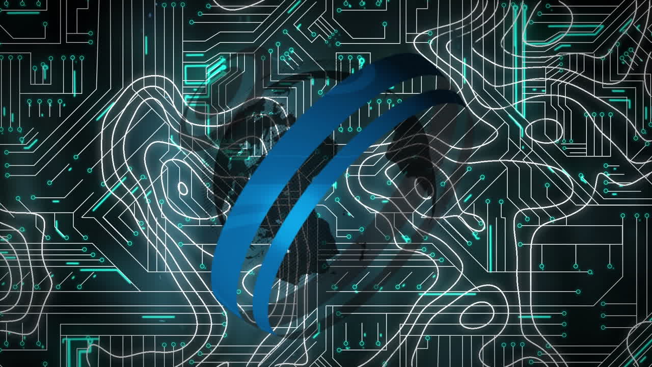 animación de círculos sobre el globo, patrón abstracto sobre una placa de circuito iluminada en el fondo