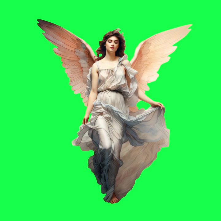 Elegant Angel with Large Wings Floating Against Green Screen