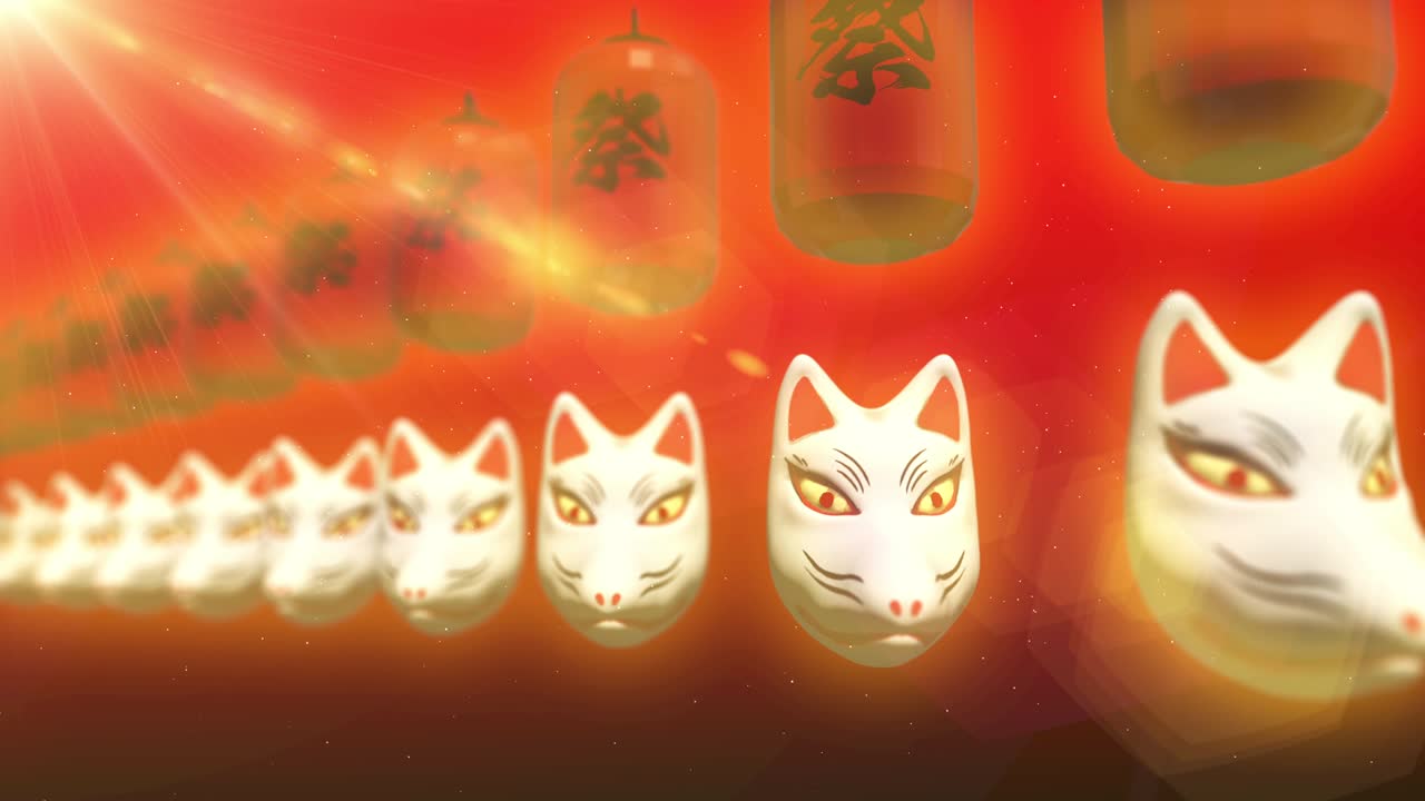 일본 랜턴과 여우 마스크 루프 애니메이션