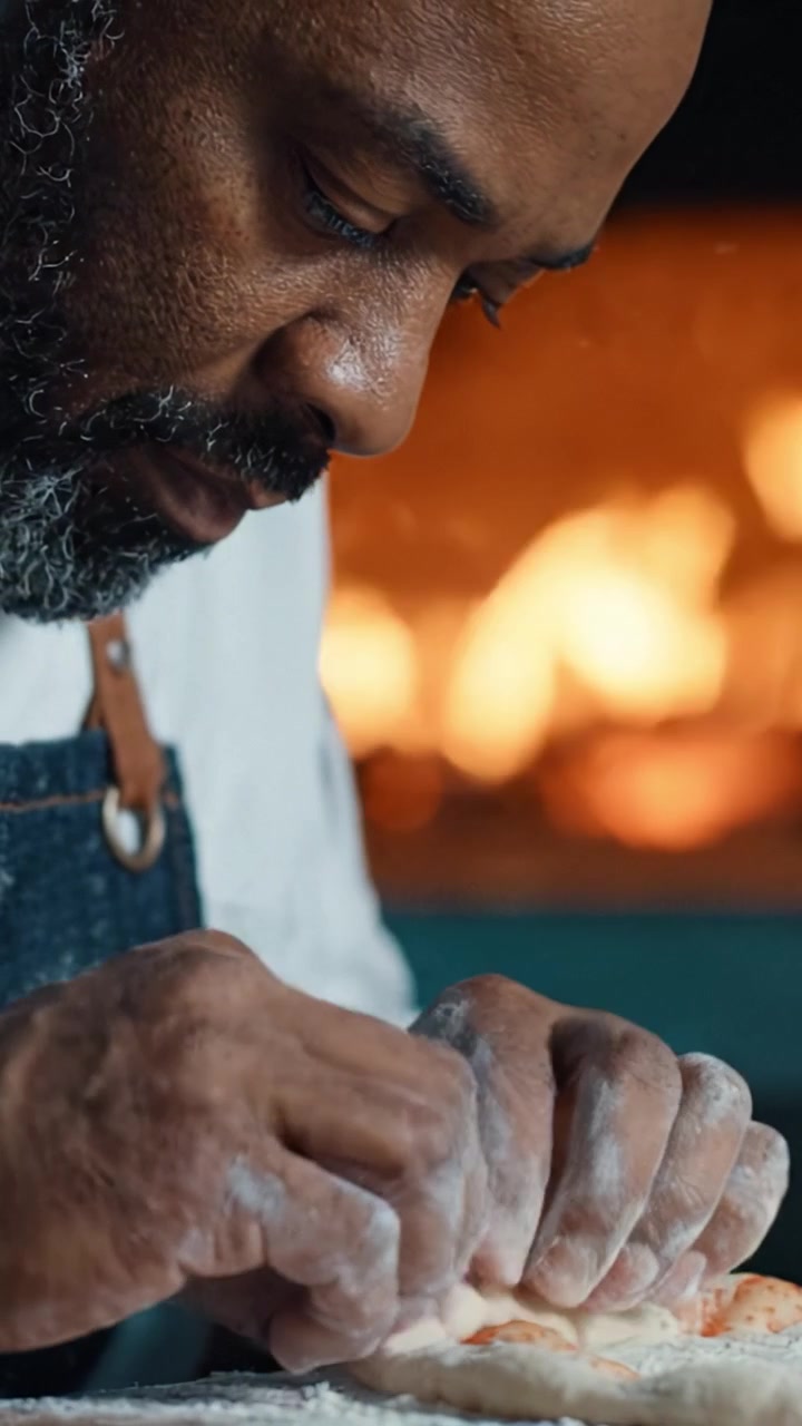 Lavorazione di impasto artigianale: uno chef esperto che perfeziona dolci fatti a mano davanti a un focolare caldo e luminoso, in un'ambientazione da masterclass culinaria.