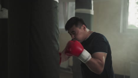 fighter punches stuffed bag with hooks in sports club. strong sportsman trains alone in boxing gym by window slow motion. combat techniques improvement