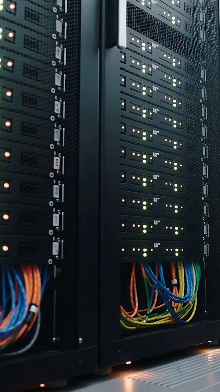 Video verticale: Telecamera in panoramica che scansiona rack di server in un data center, ispezionando LED e cavi