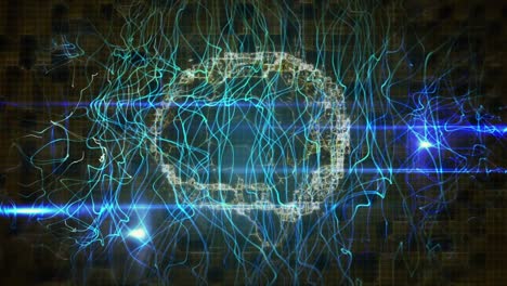 Animation-of-digital-brain-and-light-trails-on-black-background