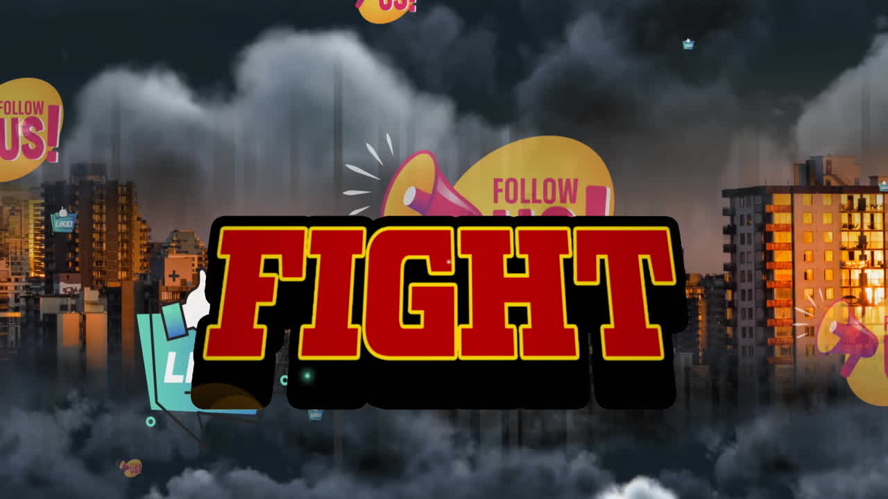 도시 풍경 위의 싸움 텍스트와 소셜 미디어 텍스트의 애니메이션