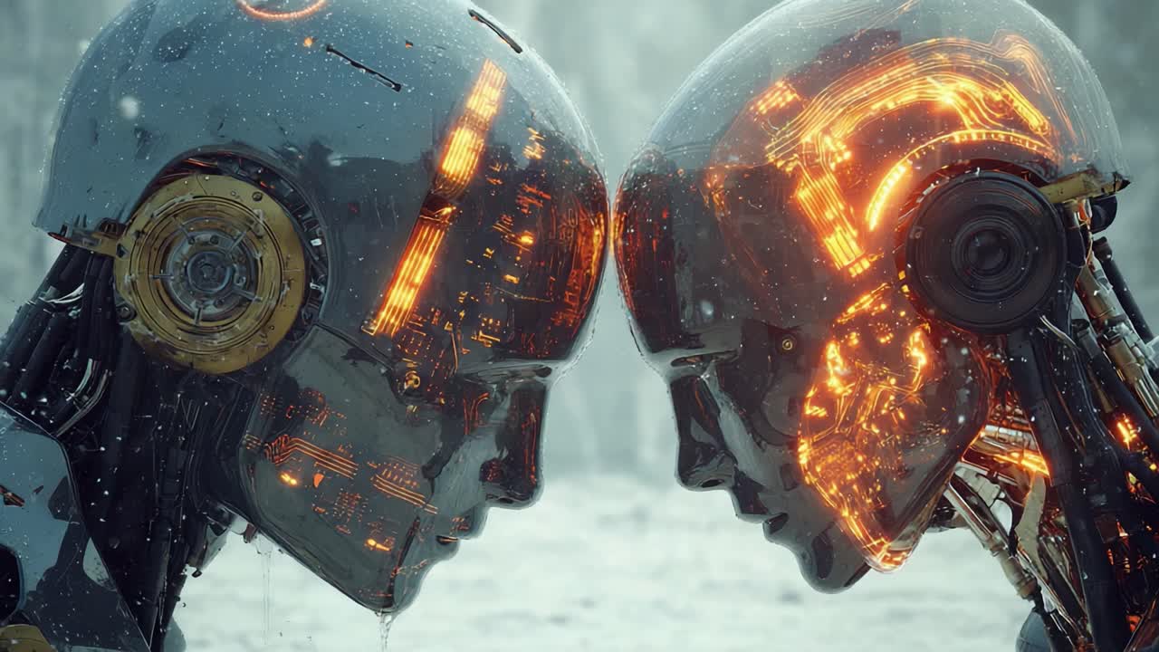 A Pivotal Moment: Two Advanced Robots with Complex Neon Displays Engage in a Powerfully Charged Faceoff Amid a Snowy Digital Environment