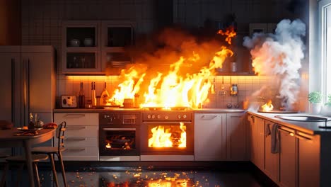 a kitchen with a fire burning in the middle of it