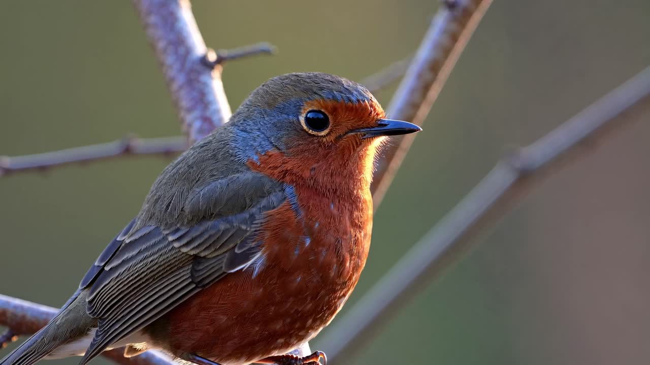 Close-up video of a robin perched on a branch, captured from a side angle