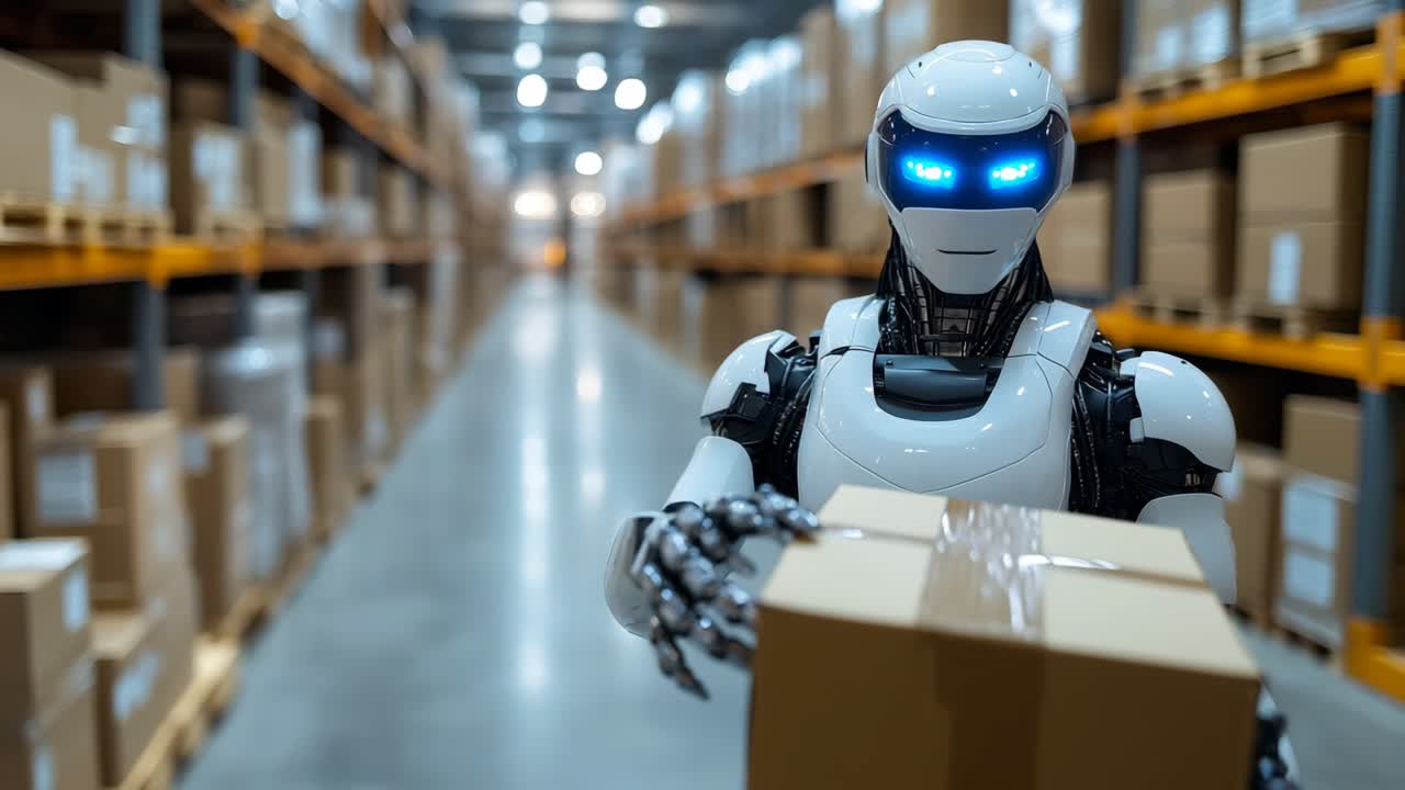 Robot carrying box in modern warehouse. A robot works in a well-organized warehouse, efficiently transporting a box among numerous stacked packages.