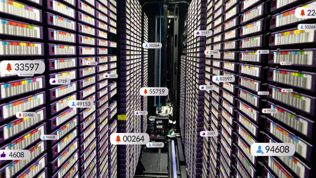Animation of notification with changing numbers icons over data server racks