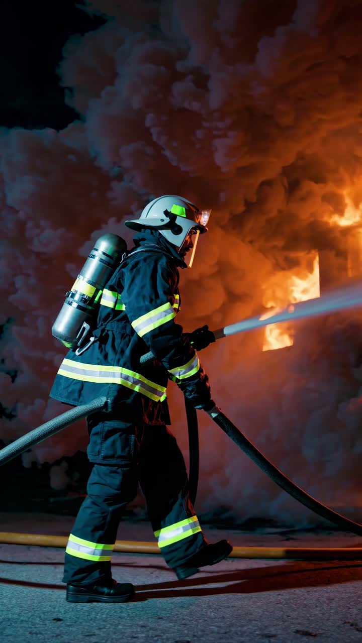 A dramatic low-angle shot of a firefighter battling intense flames at night, capturing the urgency