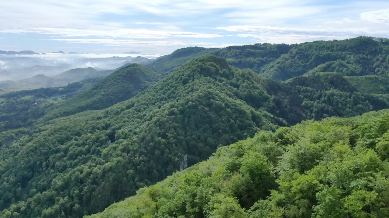 Cinematic aerial shot of an endless mountain and forest landscape in southern Slovenia