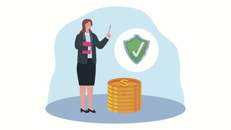 insurance service female agent with shield and money