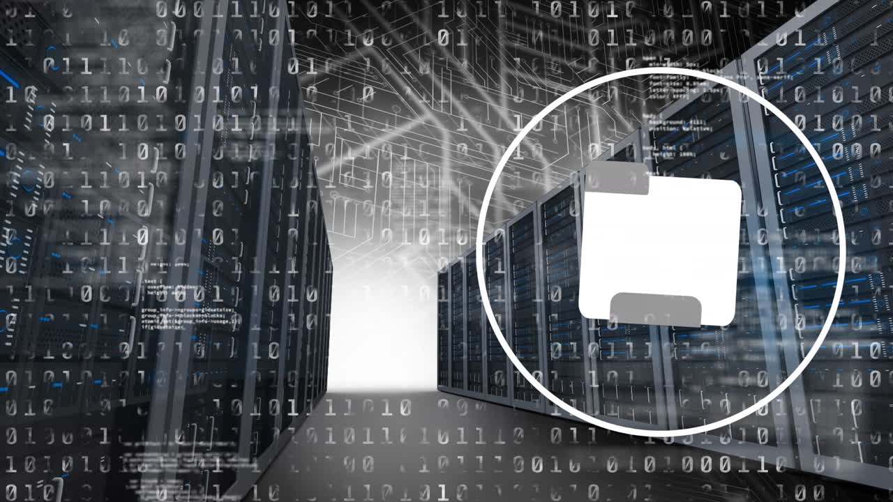 Animation of digital icon, binary coding and data processing