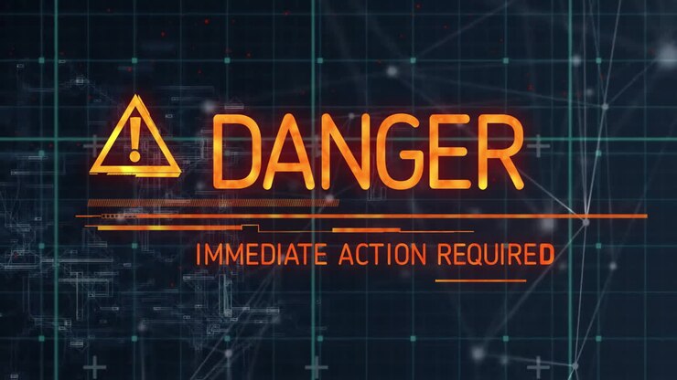 DANGER and IMMEDIATE ACTION REQUIRED text animation over digital grid background