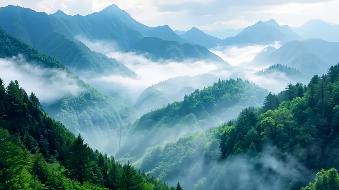 a view of a mountain range covered in fog and trees | freepik