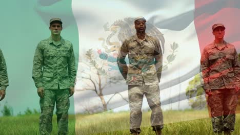 animation of flag of mexico over diverse male soldiers