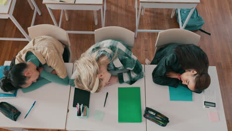 tired, sleeping and top view of students