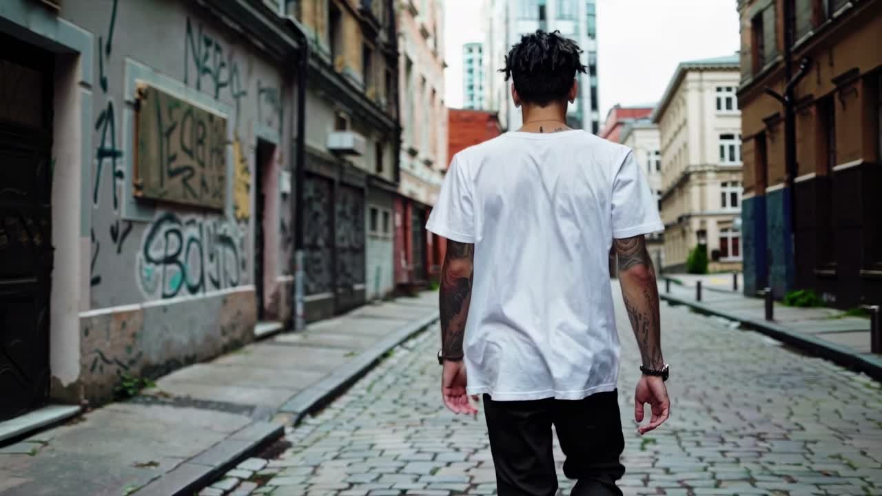 Back view of a tattooed person in a white shirt walking down an urban alley