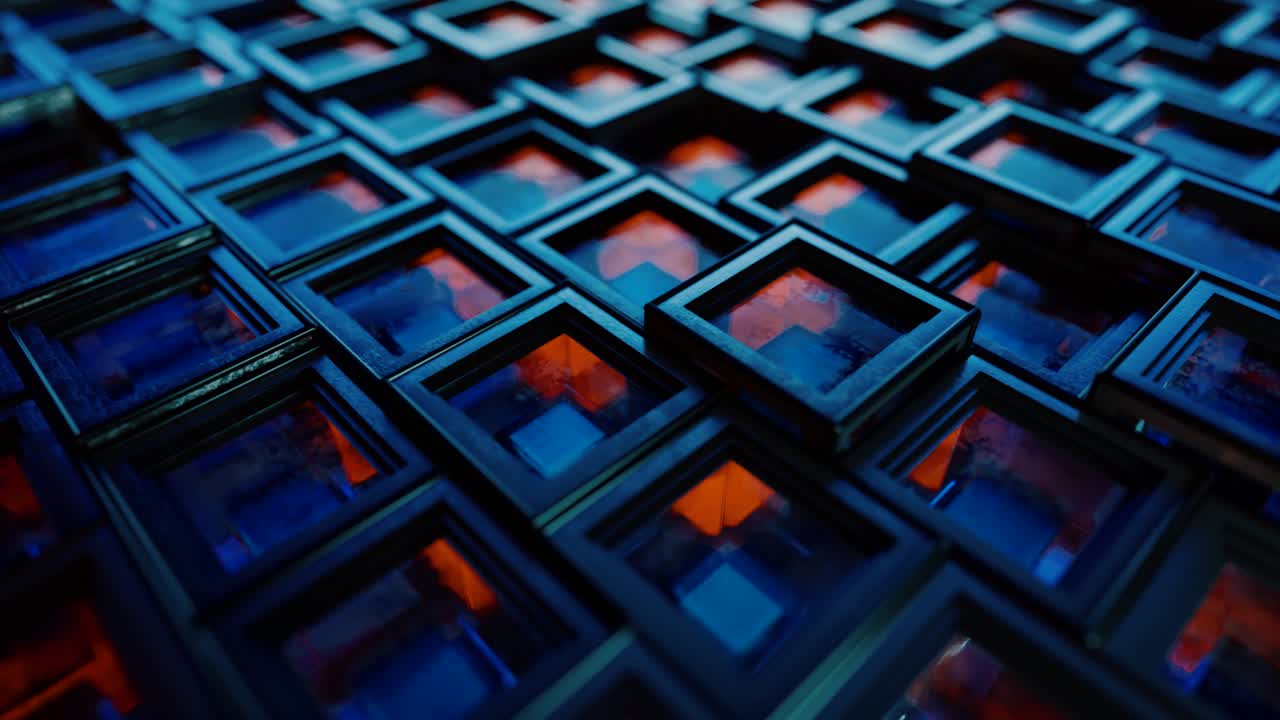 Abstract background from metal cubes with random offset effect. The glass inside the cubes reflects light. Seamless loop 3d render