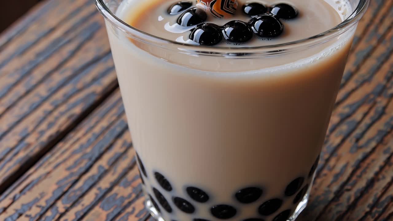 Rekaman video close-up segelas bubble tea di atas meja kayu, menampilkan mutiara tapioka dan krim.