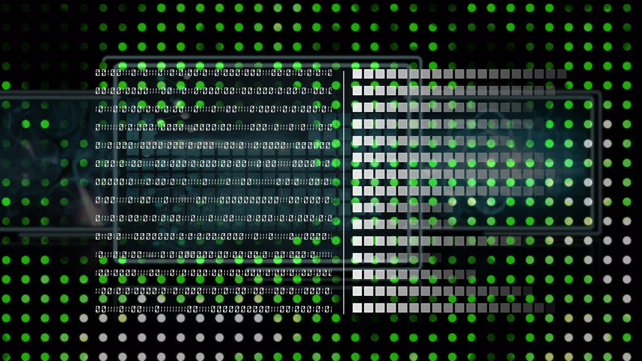 Animation of data processing over green dots moving in digital space