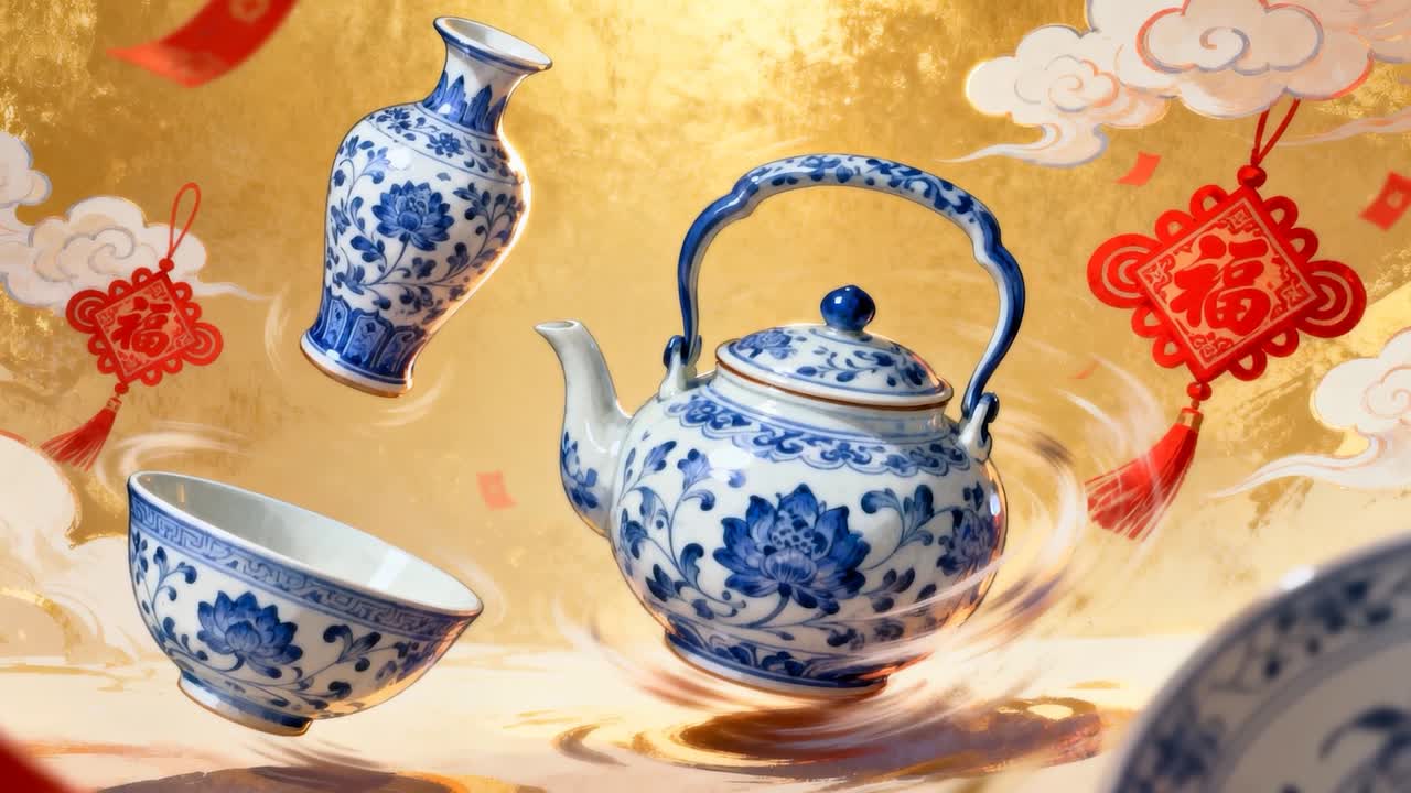 Turbinando sotto la teiera blu che fa scintille, ciotola e vaso che si sollevano sul piano del tavolo festivo, mostrando dei nodi
