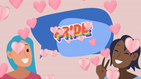 animación de texto de orgullo sobre íconos de corazón y mujeres