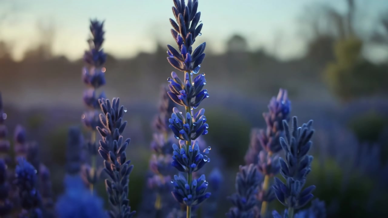 Primo piano di un gruppo di fiori selvatici viola e blu in primo piano, con profondità di campo ridotta, bokeh morbido e calda luce naturale su un prato tranquillo.