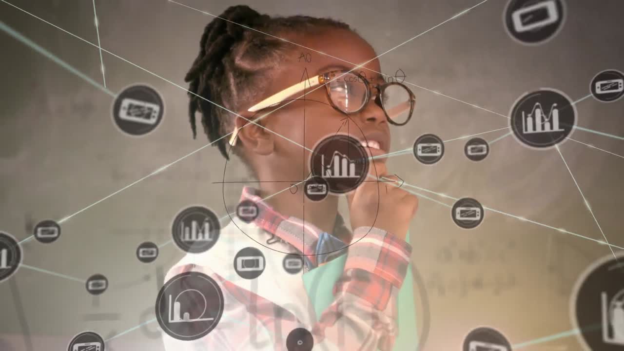 animación de una red de iconos digitales y dibujos matemáticos sobre el pensamiento de las escolares