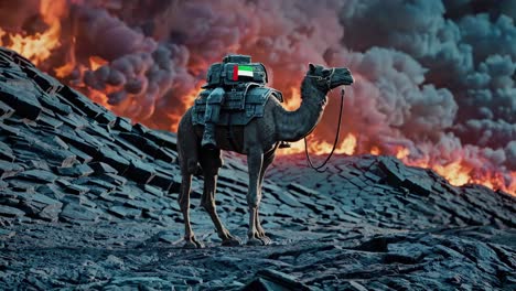 camel carrying supplies amidst a disaster