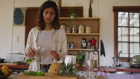 mujer de raza mixta preparando una bebida para la salud de pie en la cocina de la cabaña
