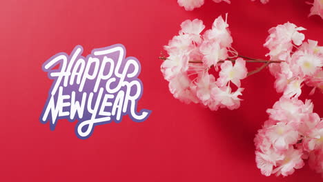 animation of new year greetings text over chinese blossom on red background