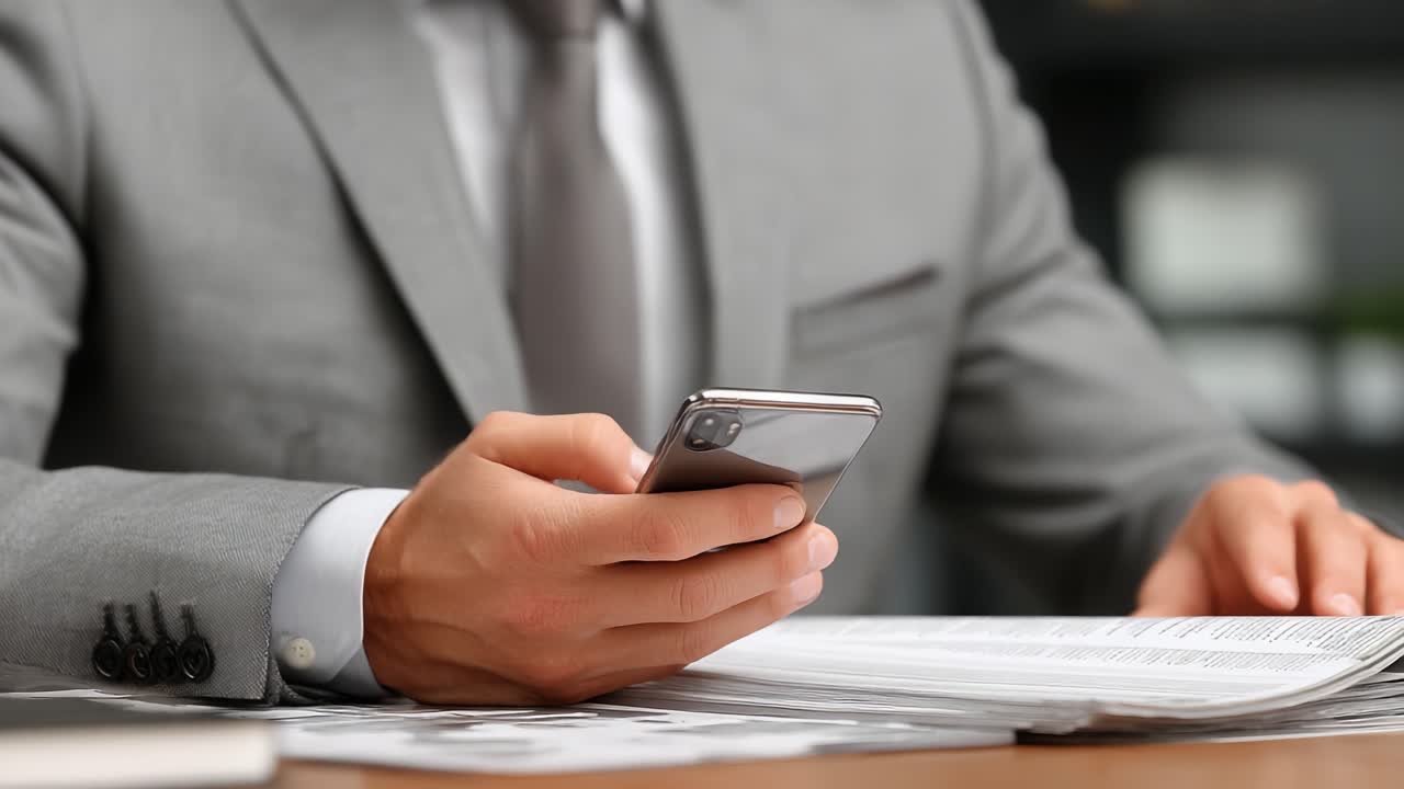 Eine Fachkraft im Anzug führt geschäftliche Kommunikation per Smartphone, während sie Dokumente auf einem Holzschreibtisch überprüft, was die Dynamik einer modernen Arbeitsumgebung verdeutlicht.