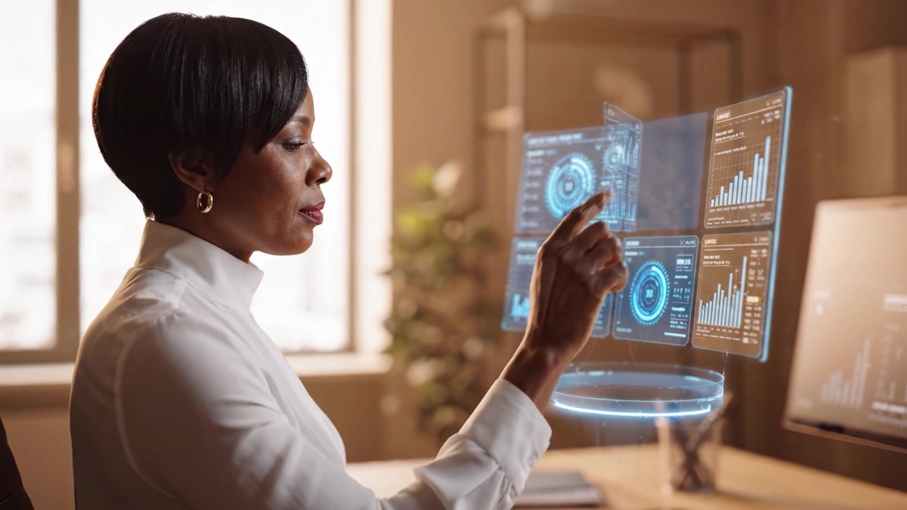 Businesswoman Analyzing Data on Holographic Screens, Showcasing Advanced Technology and Professionalism in a Modern Office Environment with Innovative Displays